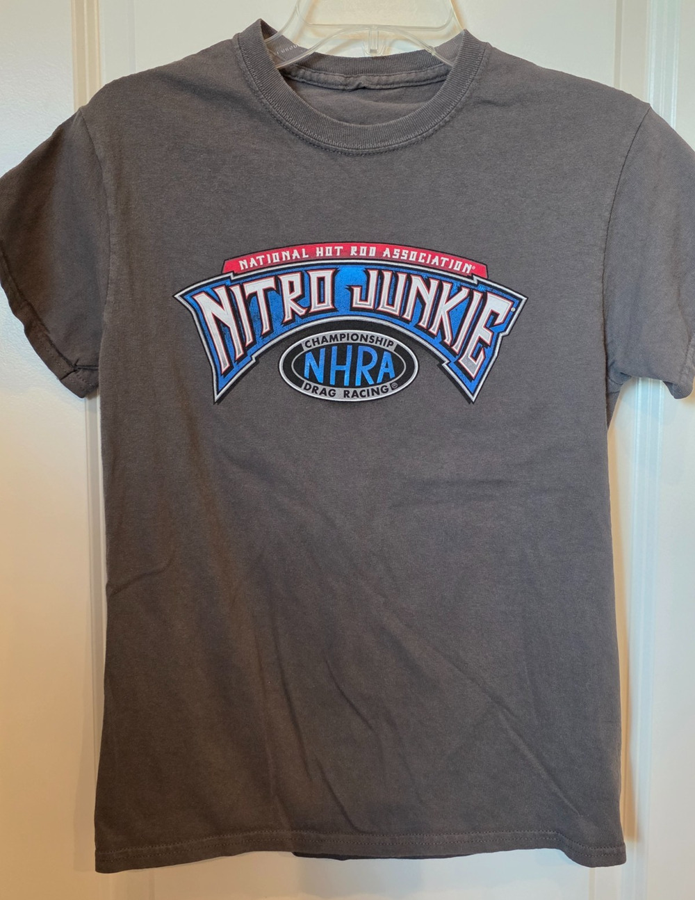 NHRA Nitro Junkie Graphic T-Shirt Mens Gray Drag Racing Skull Hot Rod Double